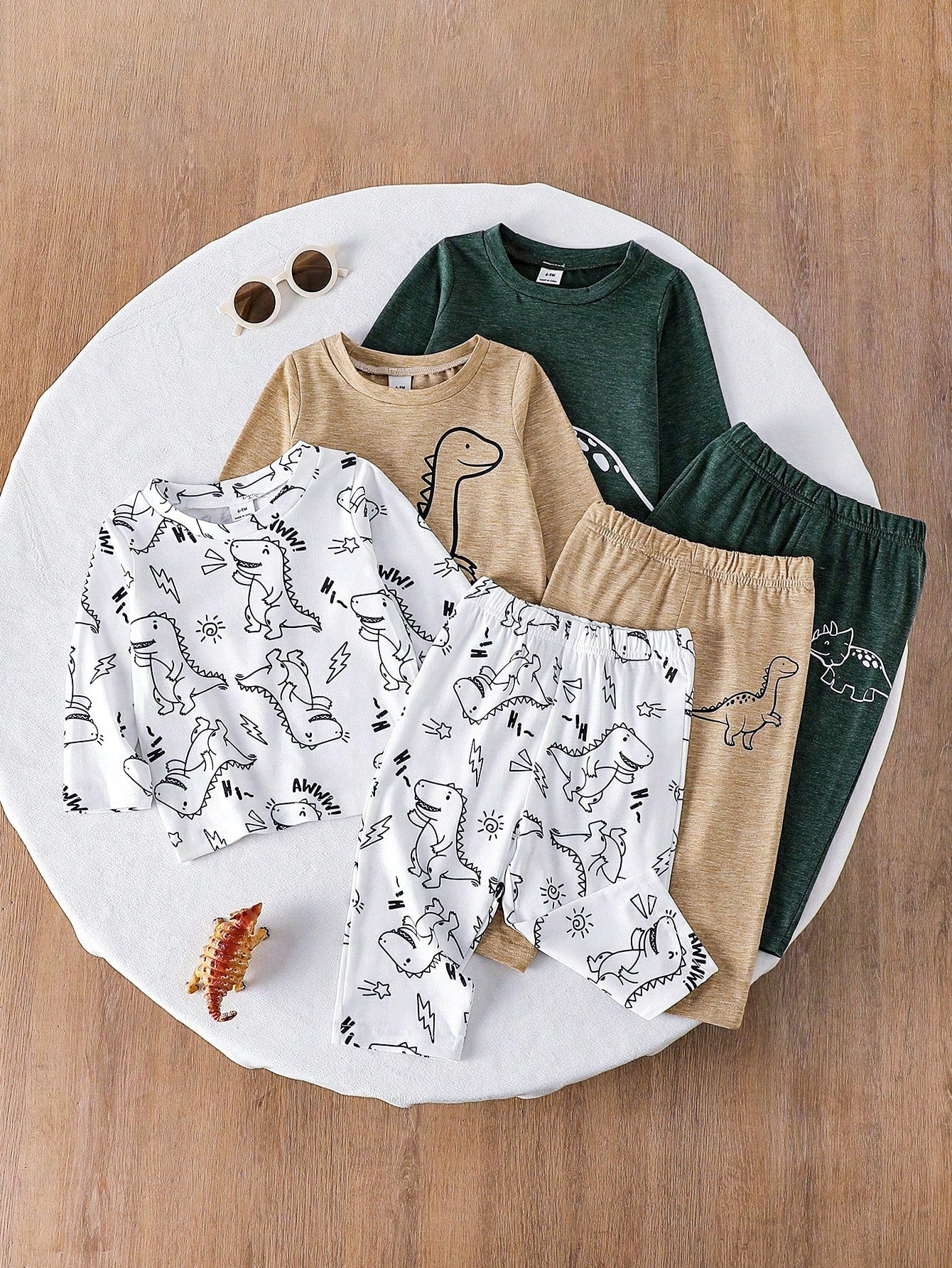 Vintaside Kids 3 Sets Baby Boy Spring/Autumn Multi-Color Beige Khaki Dark Green Minimalist Playful Cartoon Dinosaur All-Over Print & Single Print Crew Neck Long Sleeve Top With Matching Pattern