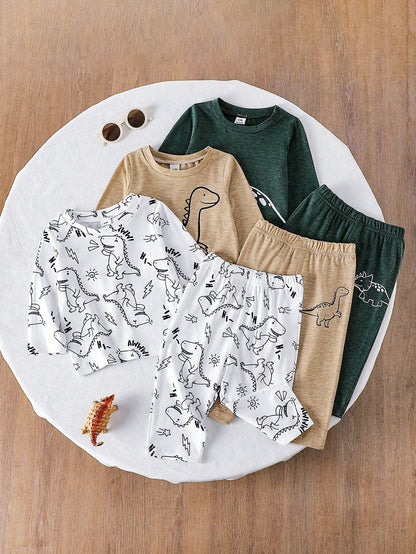 Vintaside Kids 3 Sets Baby Boy Spring/Autumn Multi-Color Beige Khaki Dark Green Minimalist Playful Cartoon Dinosaur All-Over Print & Single Print Crew Neck Long Sleeve Top With Matching Pattern