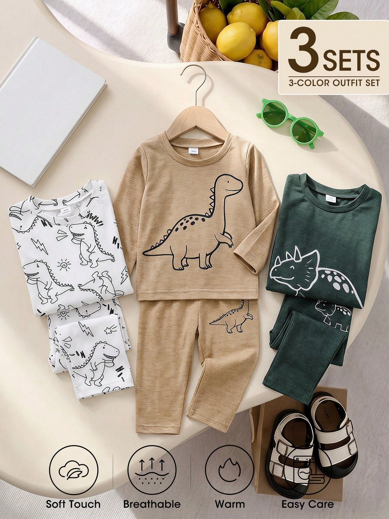 Vintaside Kids 3 Sets Baby Boy Spring/Autumn Multi-Color Beige Khaki Dark Green Minimalist Playful Cartoon Dinosaur All-Over Print & Single Print Crew Neck Long Sleeve Top With Matching Pattern