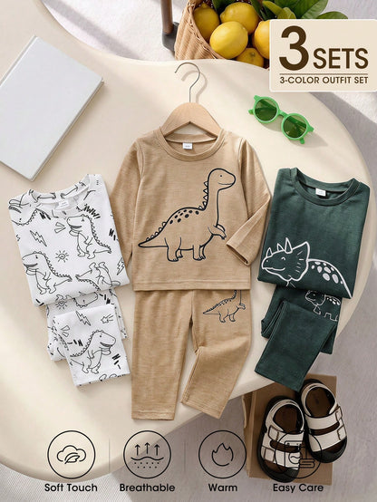 Vintaside Kids 3 Sets Baby Boy Spring/Autumn Multi-Color Beige Khaki Dark Green Minimalist Playful Cartoon Dinosaur All-Over Print & Single Print Crew Neck Long Sleeve Top With Matching Pattern