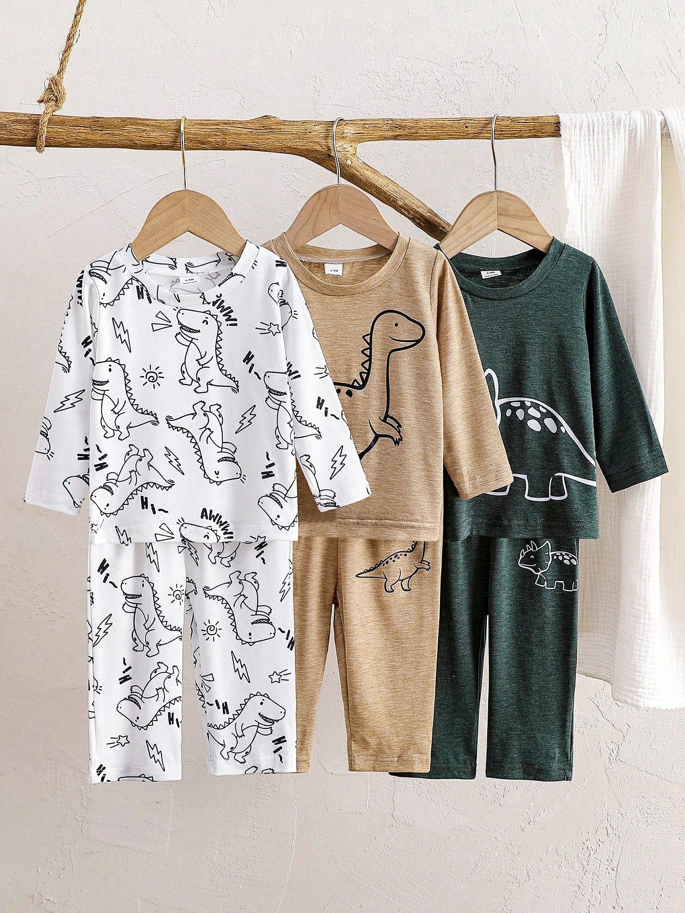 Vintaside Kids 3 Sets Baby Boy Spring/Autumn Multi-Color Beige Khaki Dark Green Minimalist Playful Cartoon Dinosaur All-Over Print & Single Print Crew Neck Long Sleeve Top With Matching Pattern