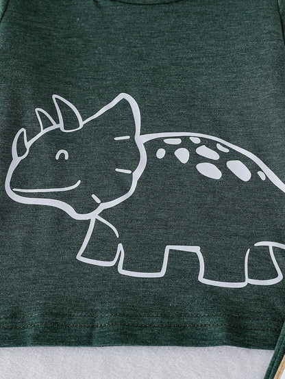 Vintaside Kids 3 Sets Baby Boy Spring/Autumn Multi-Color Beige Khaki Dark Green Minimalist Playful Cartoon Dinosaur All-Over Print & Single Print Crew Neck Long Sleeve Top With Matching Pattern