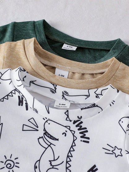 Vintaside Kids 3 Sets Baby Boy Spring/Autumn Multi-Color Beige Khaki Dark Green Minimalist Playful Cartoon Dinosaur All-Over Print & Single Print Crew Neck Long Sleeve Top With Matching Pattern