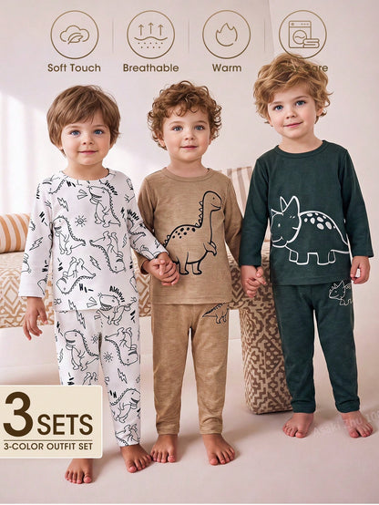 Vintaside Kids 3 Sets Baby Boy Spring/Autumn Multi-Color Beige Khaki Dark Green Minimalist Playful Cartoon Dinosaur All-Over Print & Single Print Crew Neck Long Sleeve Top With Matching Pattern