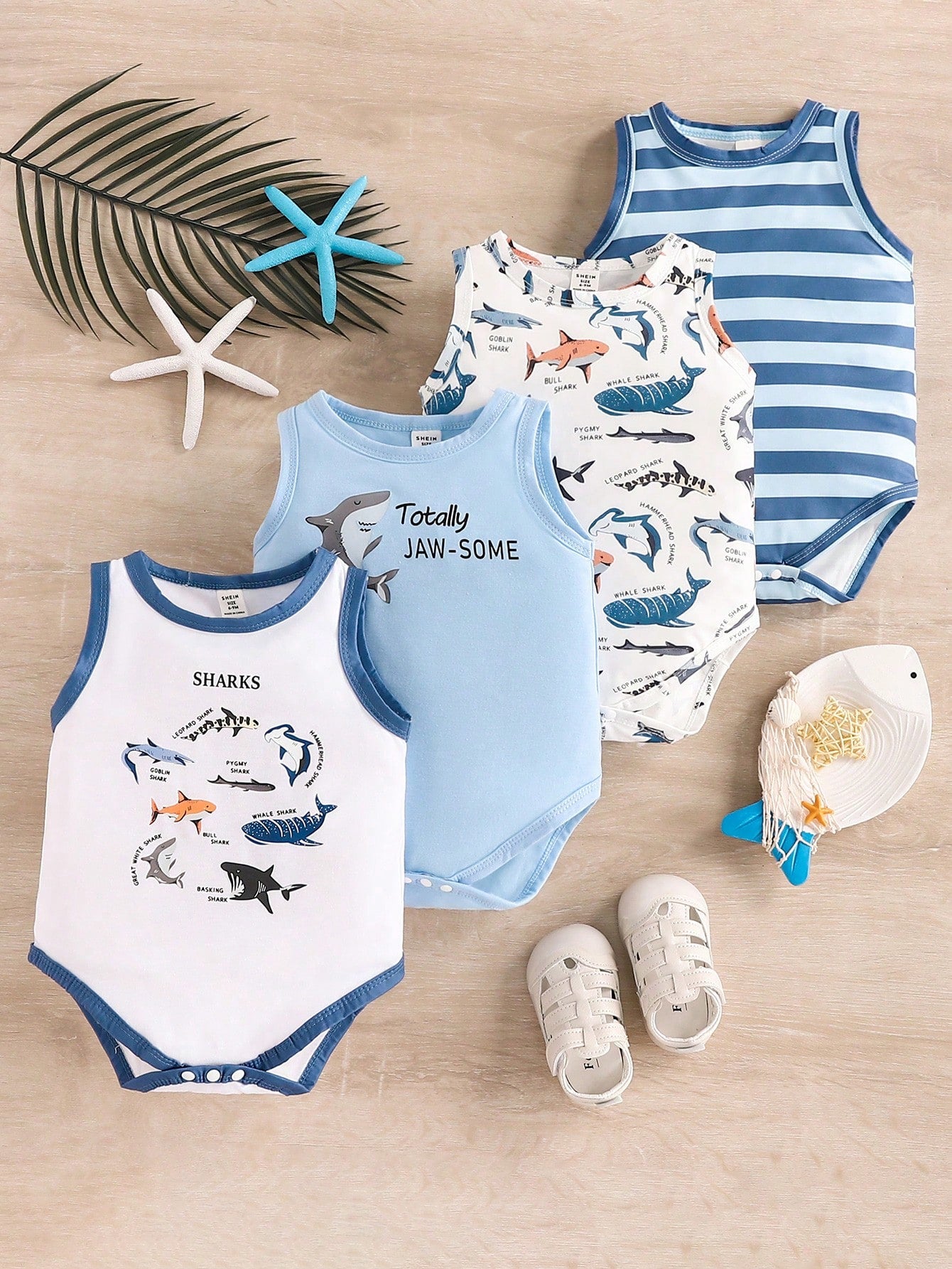 Vintaside Kids 4pcs Baby Boys' Funny Shark Print & Striped Sleeveless Romper, Spring/Summer Holiday