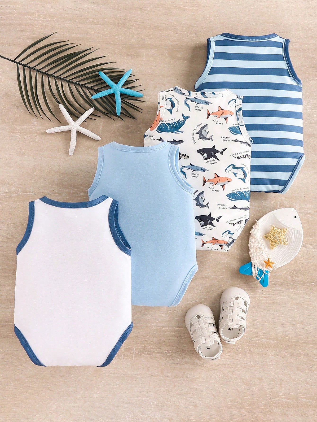 Vintaside Kids 4pcs Baby Boys' Funny Shark Print & Striped Sleeveless Romper, Spring/Summer Holiday