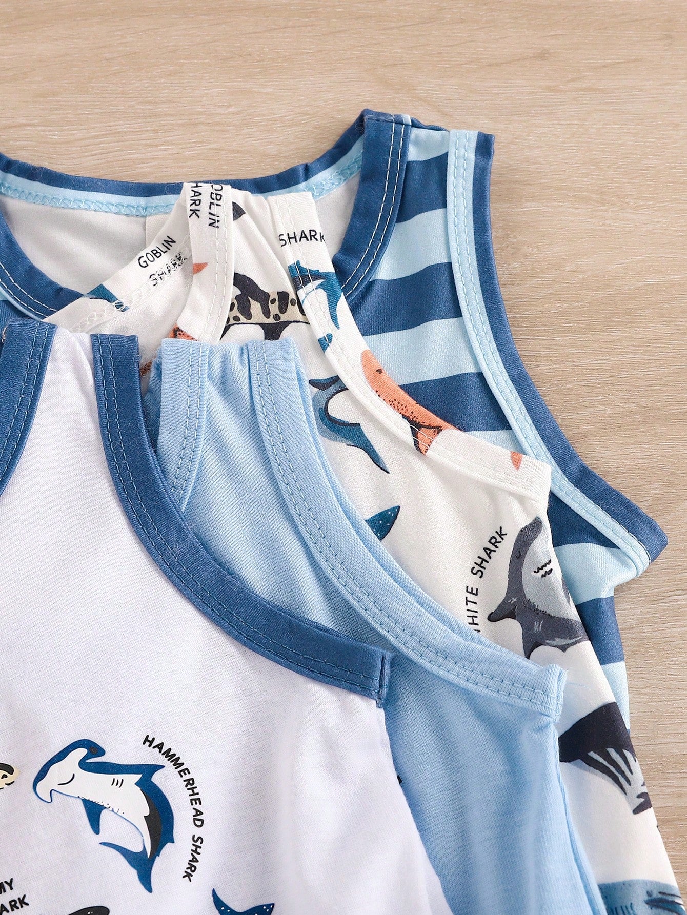 Vintaside Kids 4pcs Baby Boys' Funny Shark Print & Striped Sleeveless Romper, Spring/Summer Holiday