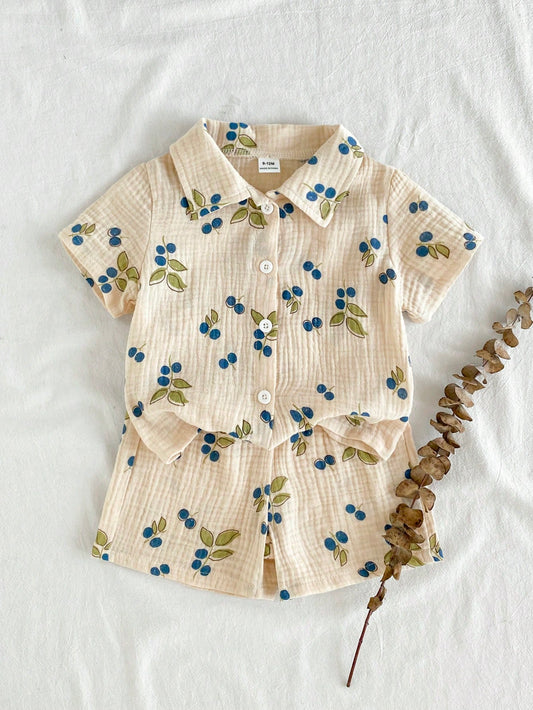 Vintaside Kids Baby Boy Summer Casual Cute Leaf Print Shirt And Shorts Set Vacation Holiday Beige