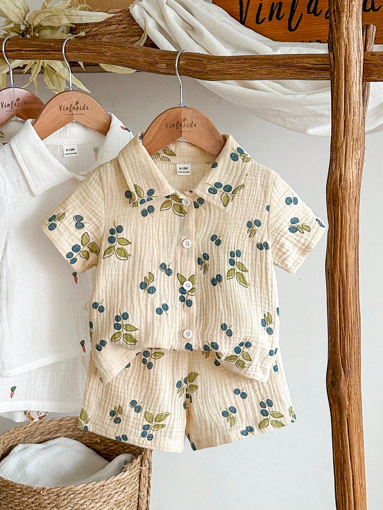Vintaside Kids Baby Boy Summer Casual Cute Leaf Print Shirt And Shorts Set Vacation Holiday Beige