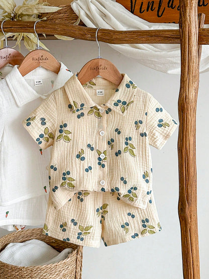Vintaside Kids Baby Boy Summer Casual Cute Leaf Print Shirt And Shorts Set Vacation Holiday Beige