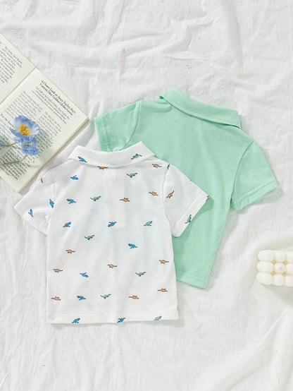 Vintaside Kids Baby Boys Summer Casual POLO Shirt 2pcs Sets,White Graphic Knitted Fabric,Back-To-School Carrer Day,Loose Striped Print Top For Party Wedding School