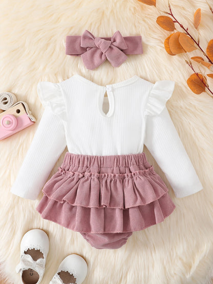 Vintaside Kids Baby Girl Colorblock Bow Front Ruffle Trim Bodysuit With Headband