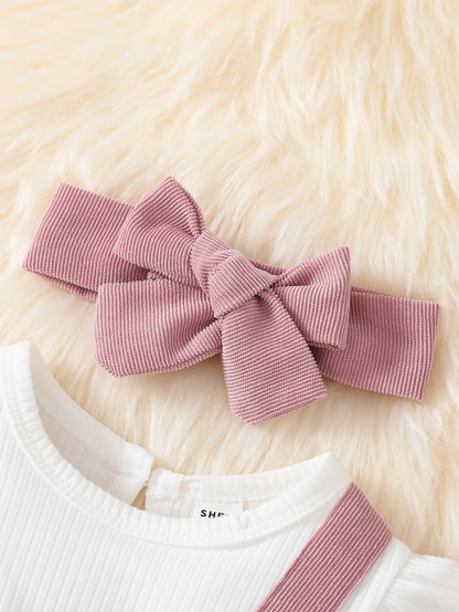 Vintaside Kids Baby Girl Colorblock Bow Front Ruffle Trim Bodysuit With Headband