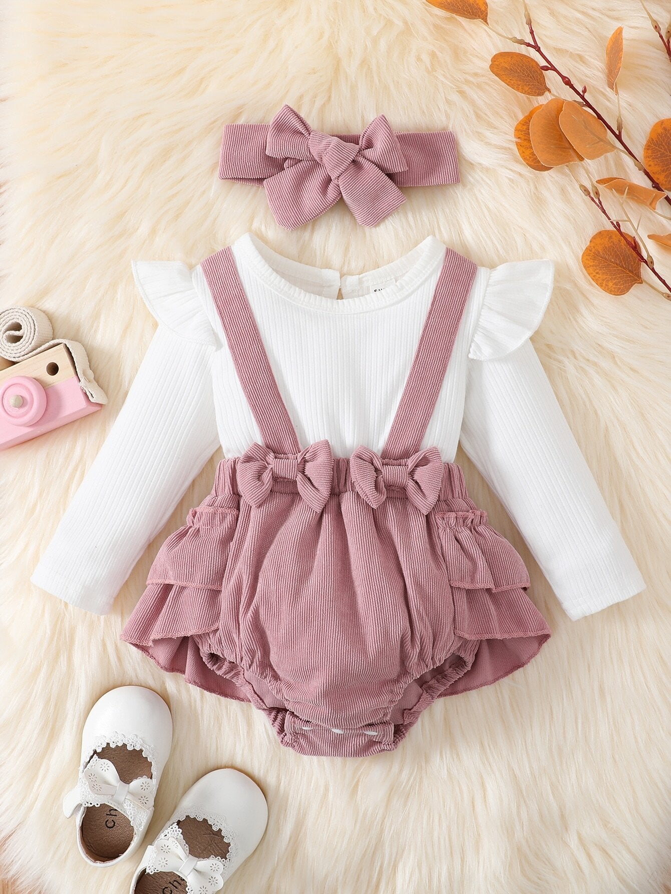 Vintaside Kids Baby Girl Colorblock Bow Front Ruffle Trim Bodysuit With Headband