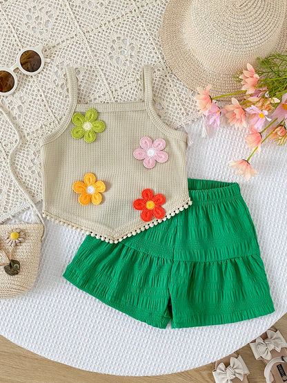 Vintaside Kids Baby Girl Floral Decor Camisole Top And Shorts Casual Daily Outfit