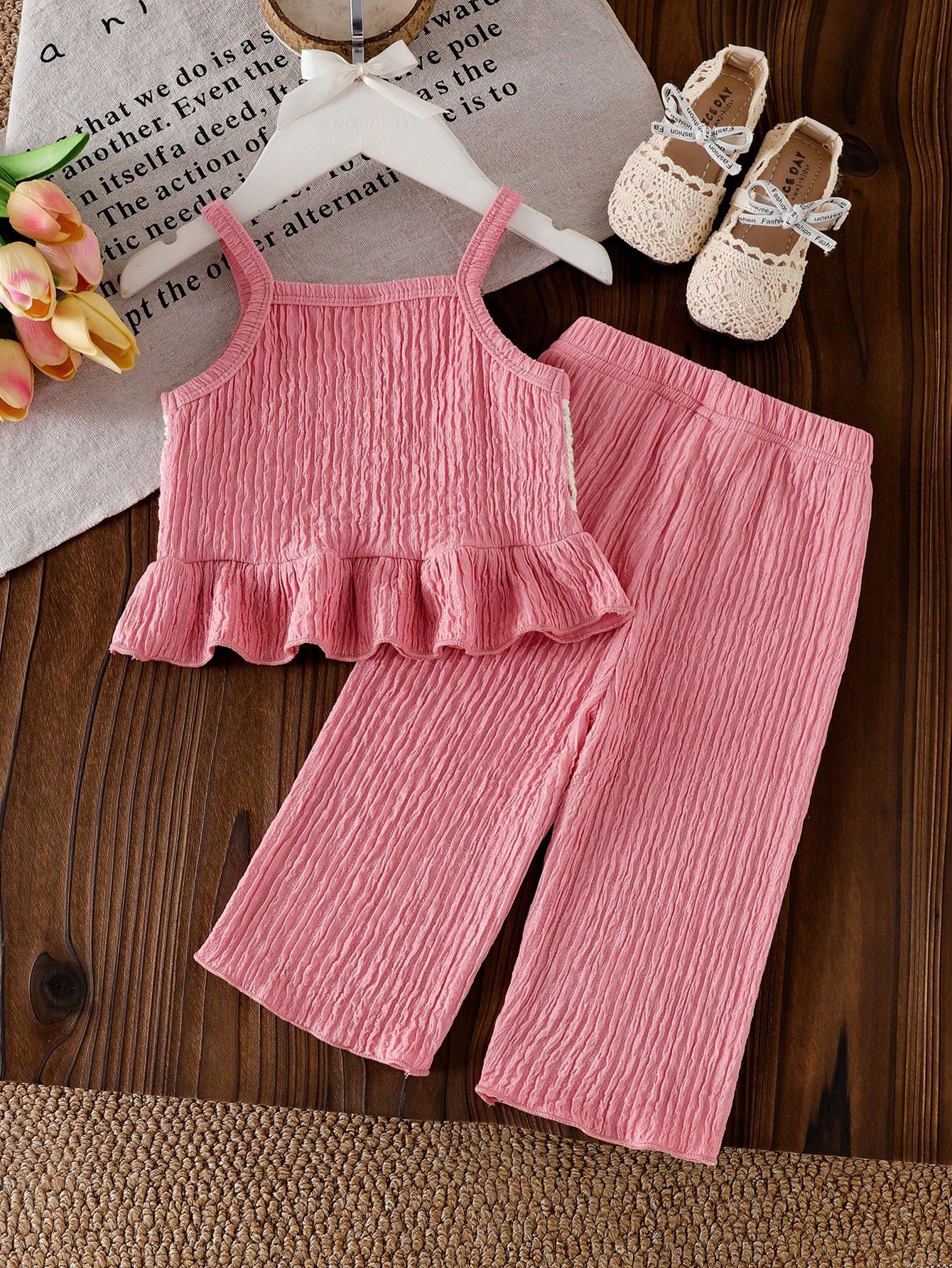 Vintaside Kids Baby Girl Pink Floral Embroidery Delicate Strap Top & Solid Color Pants 2 Pieces Set Cute Summer Casual Fashion Sunshine Outfit For Vacation Outdoor
