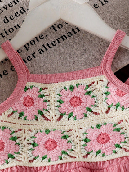 Vintaside Kids Baby Girl Pink Floral Embroidery Delicate Strap Top & Solid Color Pants 2 Pieces Set Cute Summer Casual Fashion Sunshine Outfit For Vacation Outdoor
