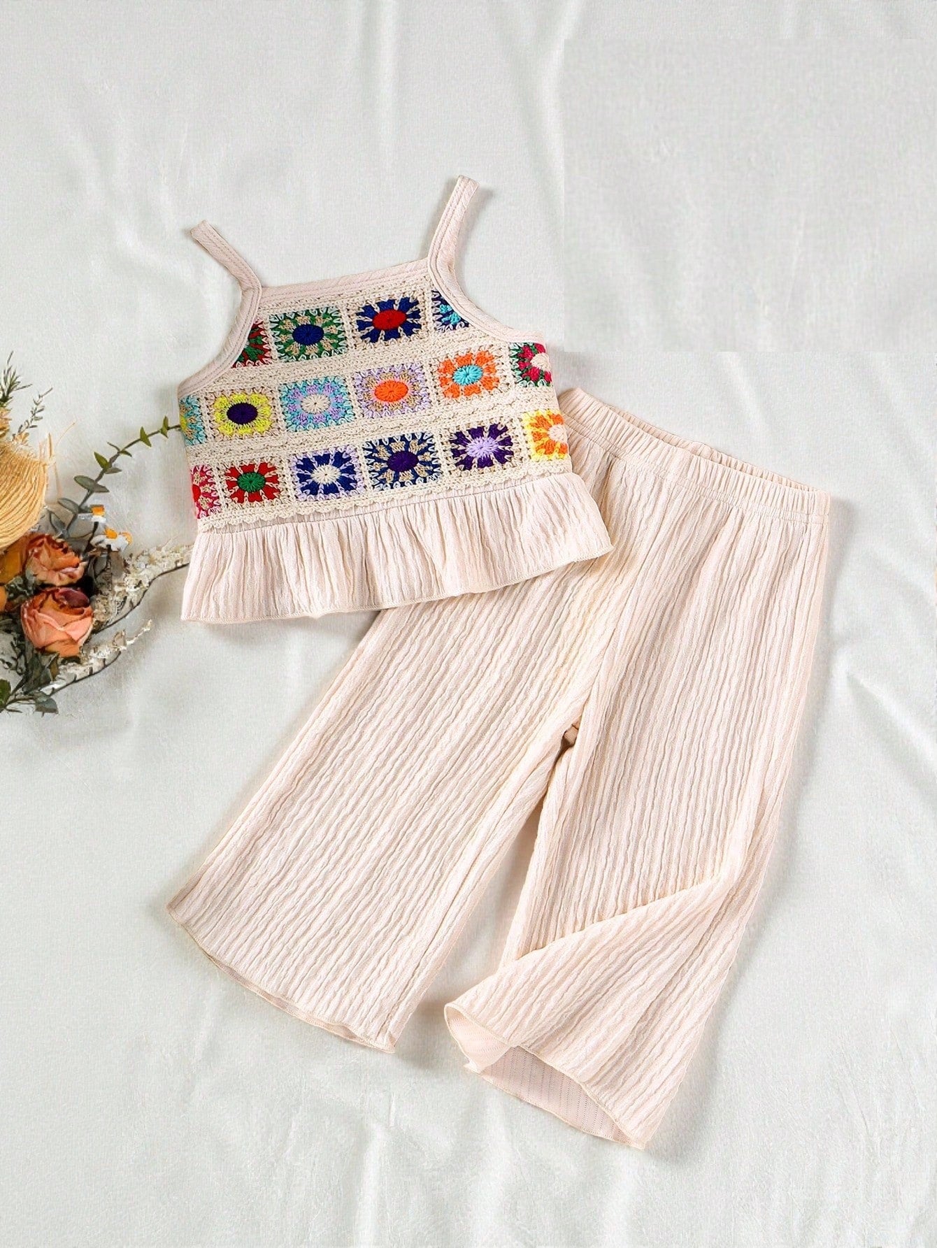 Vintaside Kids Baby Girl Pink Floral Embroidery Delicate Strap Top & Solid Color Pants 2 Pieces Set Cute Summer Casual Fashion Sunshine Outfit For Vacation Outdoor