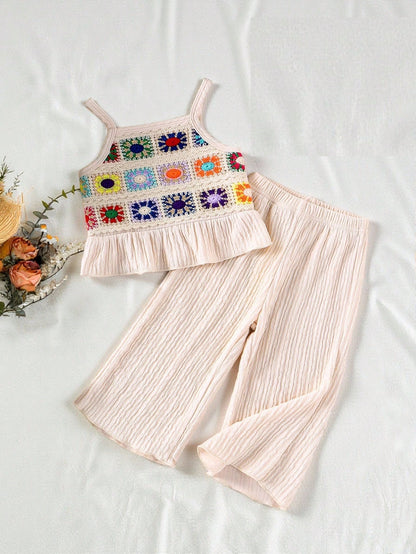 Vintaside Kids Baby Girl Pink Floral Embroidery Delicate Strap Top & Solid Color Pants 2 Pieces Set Cute Summer Casual Fashion Sunshine Outfit For Vacation Outdoor