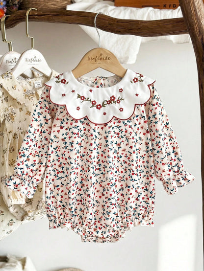 Vintaside Kids Baby Girl Spring/Summer New White Peter Pan Collar Cute Floral Embroidery Bodysuit, Fresh Floral Print Pattern, Long Sleeve With Elastic Cuffs, Back/Bottom Snap Closure For Easy D