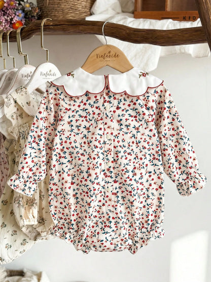 Vintaside Kids Baby Girl Spring/Summer New White Peter Pan Collar Cute Floral Embroidery Bodysuit, Fresh Floral Print Pattern, Long Sleeve With Elastic Cuffs, Back/Bottom Snap Closure For Easy D