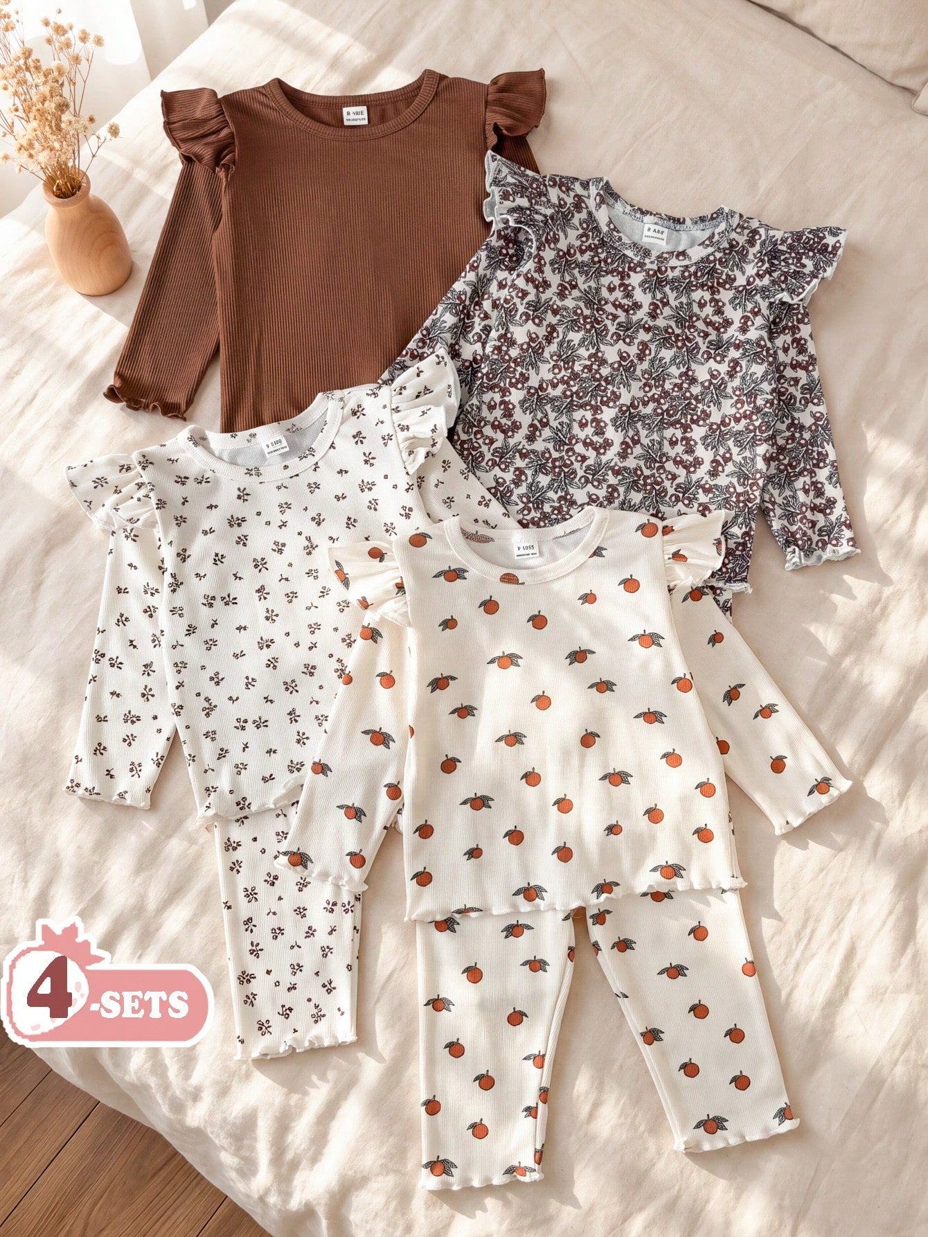 Vintaside Kids Babygirl Spring/Autumn Knitted Ribbed Multi-Color Floral Cherry Print Ruffle Trim Crew Neck Long Sleeve Top And Leggings Multi-Piece Set, Soft Cute Sweet Pastoral Fresh Style; Diverse P