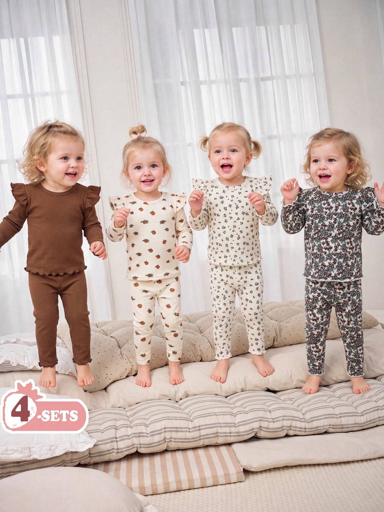 Vintaside Kids Babygirl Spring/Autumn Knitted Ribbed Multi-Color Floral Cherry Print Ruffle Trim Crew Neck Long Sleeve Top And Leggings Multi-Piece Set, Soft Cute Sweet Pastoral Fresh Style; Diverse P