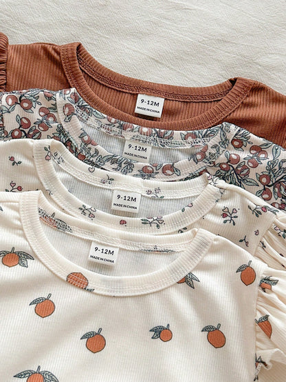 Vintaside Kids Babygirl Spring/Autumn Knitted Ribbed Multi-Color Floral Cherry Print Ruffle Trim Crew Neck Long Sleeve Top And Leggings Multi-Piece Set, Soft Cute Sweet Pastoral Fresh Style; Diverse P
