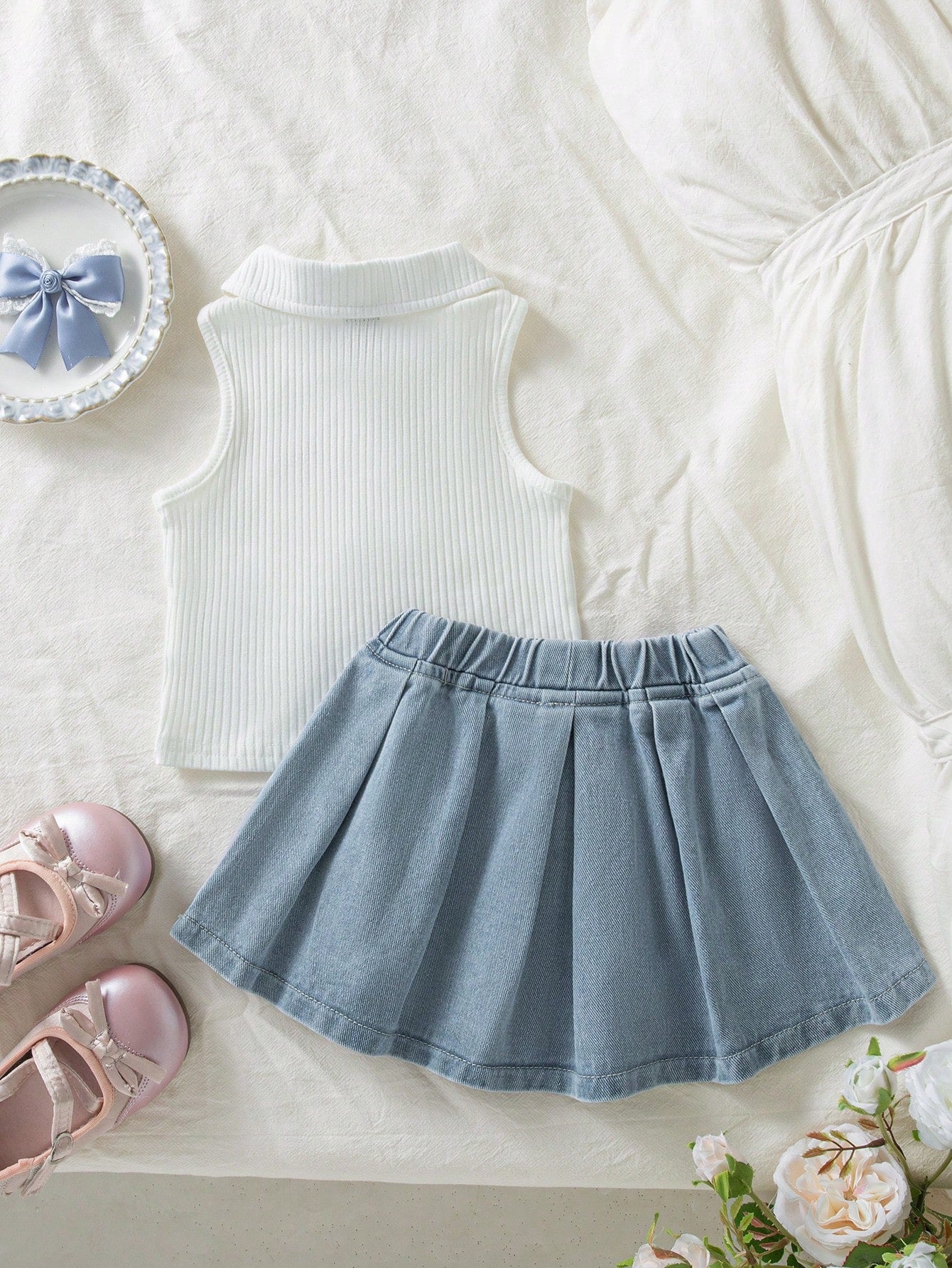 Vintaside Kids Infant Girl Short Sleeve Sleeveless Outfit Set, Top + Skirt, Top In Cream White/Skirt In Light Blue Denim, Top Features Sleeveless Medium Stretch Polo Collar Ribbed Knit Design With Pin