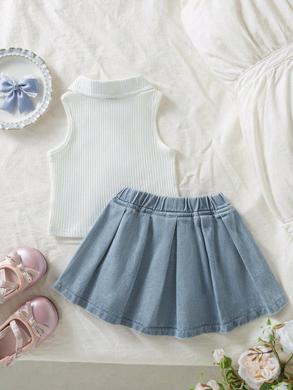 Vintaside Kids Infant Girl Short Sleeve Sleeveless Outfit Set, Top + Skirt, Top In Cream White/Skirt In Light Blue Denim, Top Features Sleeveless Medium Stretch Polo Collar Ribbed Knit Design With Pin