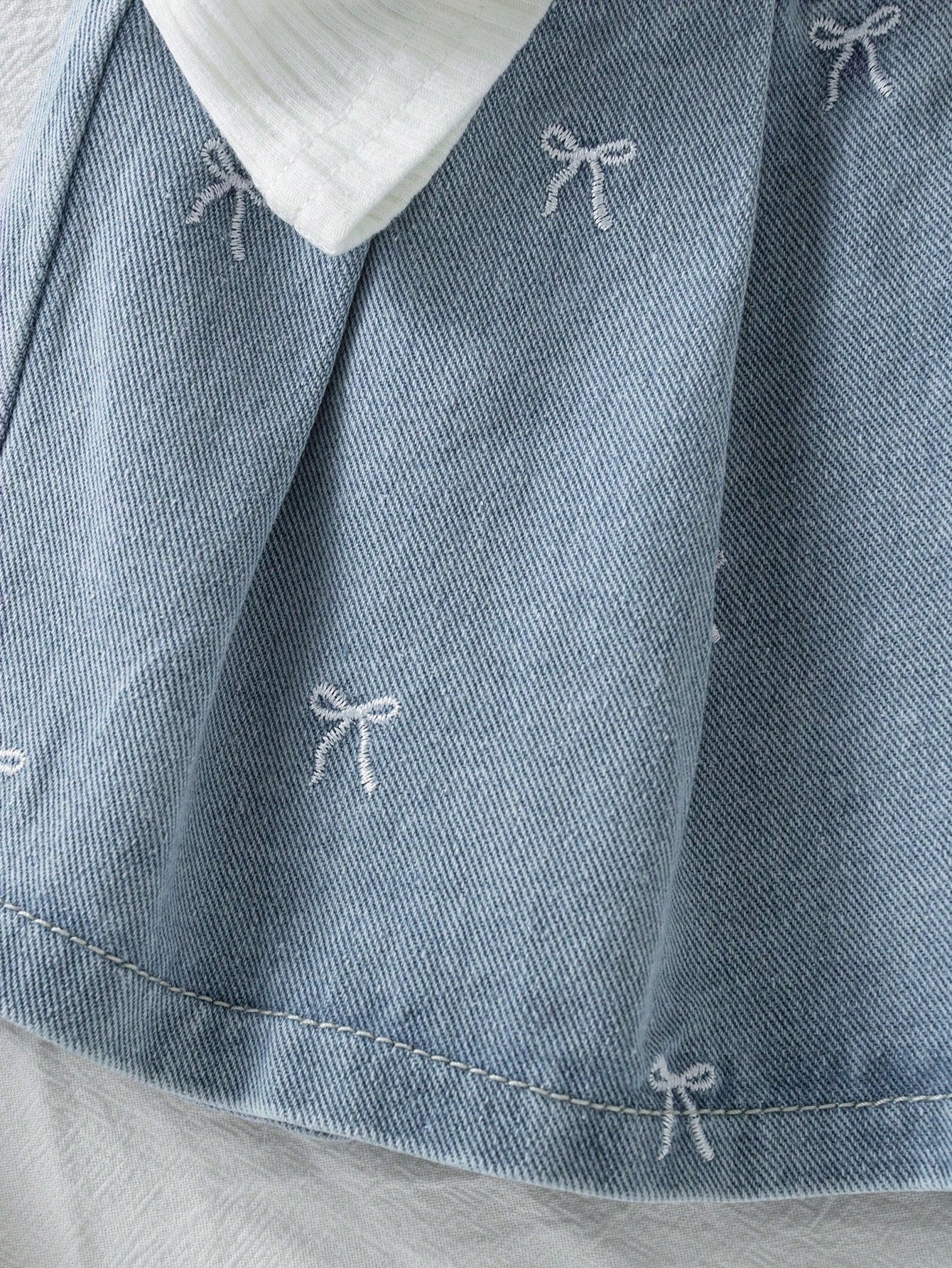 Vintaside Kids Infant Girl Short Sleeve Sleeveless Outfit Set, Top + Skirt, Top In Cream White/Skirt In Light Blue Denim, Top Features Sleeveless Medium Stretch Polo Collar Ribbed Knit Design With Pin