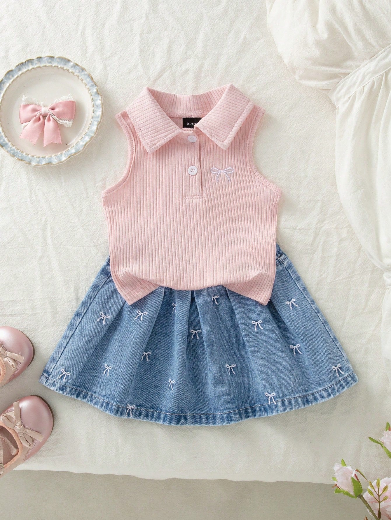Vintaside Kids Infant Girl Short Sleeve Sleeveless Outfit Set, Top + Skirt, Top In Cream White/Skirt In Light Blue Denim, Top Features Sleeveless Medium Stretch Polo Collar Ribbed Knit Design With Pin