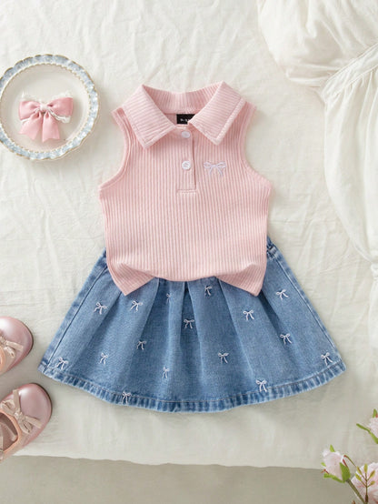 Vintaside Kids Infant Girl Short Sleeve Sleeveless Outfit Set, Top + Skirt, Top In Cream White/Skirt In Light Blue Denim, Top Features Sleeveless Medium Stretch Polo Collar Ribbed Knit Design With Pin