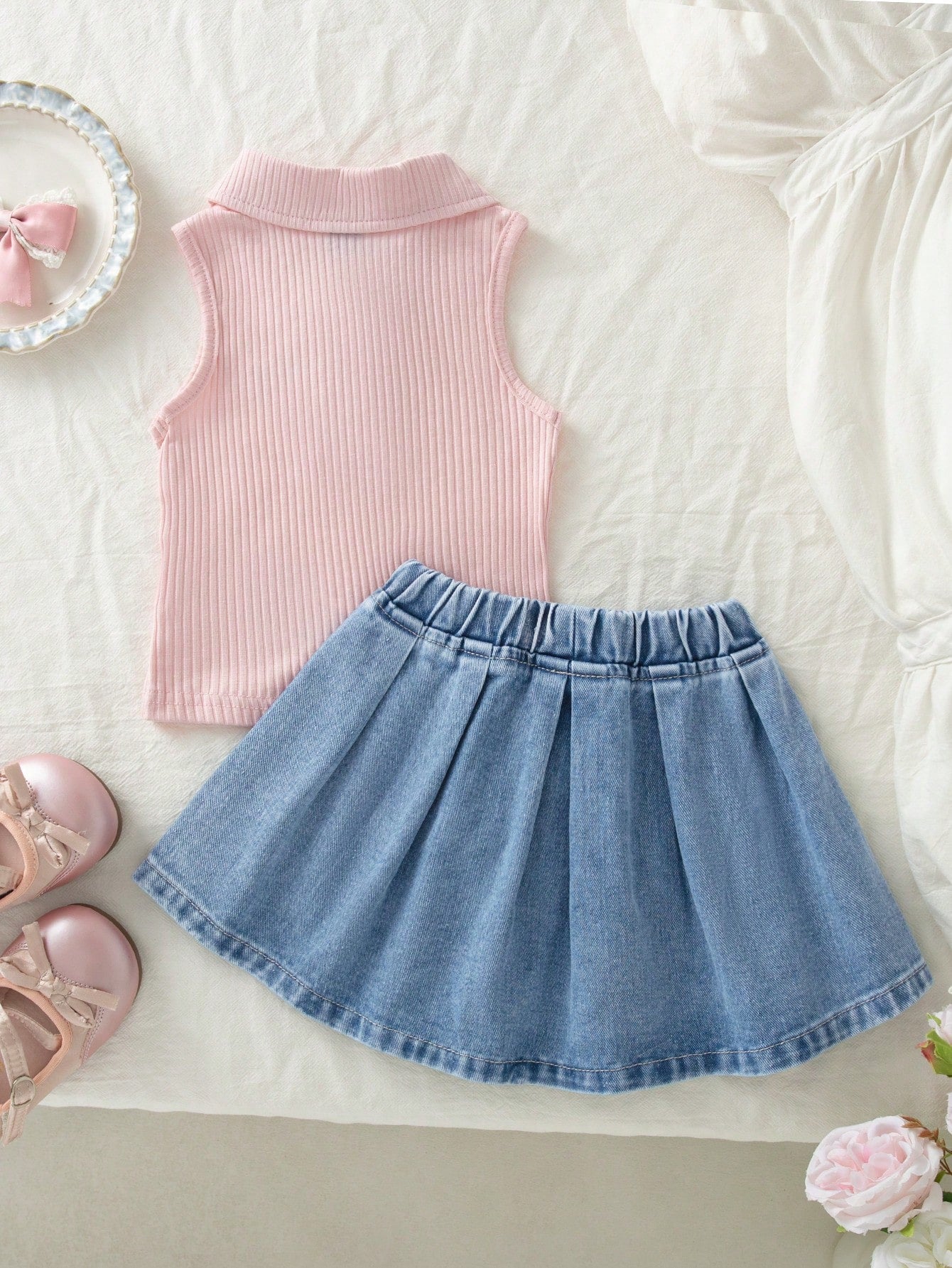 Vintaside Kids Infant Girl Short Sleeve Sleeveless Outfit Set, Top + Skirt, Top In Cream White/Skirt In Light Blue Denim, Top Features Sleeveless Medium Stretch Polo Collar Ribbed Knit Design With Pin