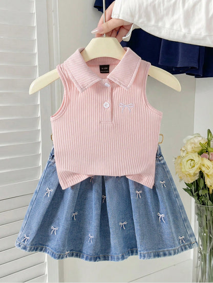 Vintaside Kids Infant Girl Short Sleeve Sleeveless Outfit Set, Top + Skirt, Top In Cream White/Skirt In Light Blue Denim, Top Features Sleeveless Medium Stretch Polo Collar Ribbed Knit Design With Pin