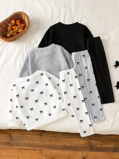 Vintaside Kids Infant & Toddler Long Sleeve Sweatshirt & Leggings Set: Ribbed Crew Neck Colorblock Top + Elastic 9/10 Length Pants + Baby Girl Sequin Bow Print Casual Outfit Set