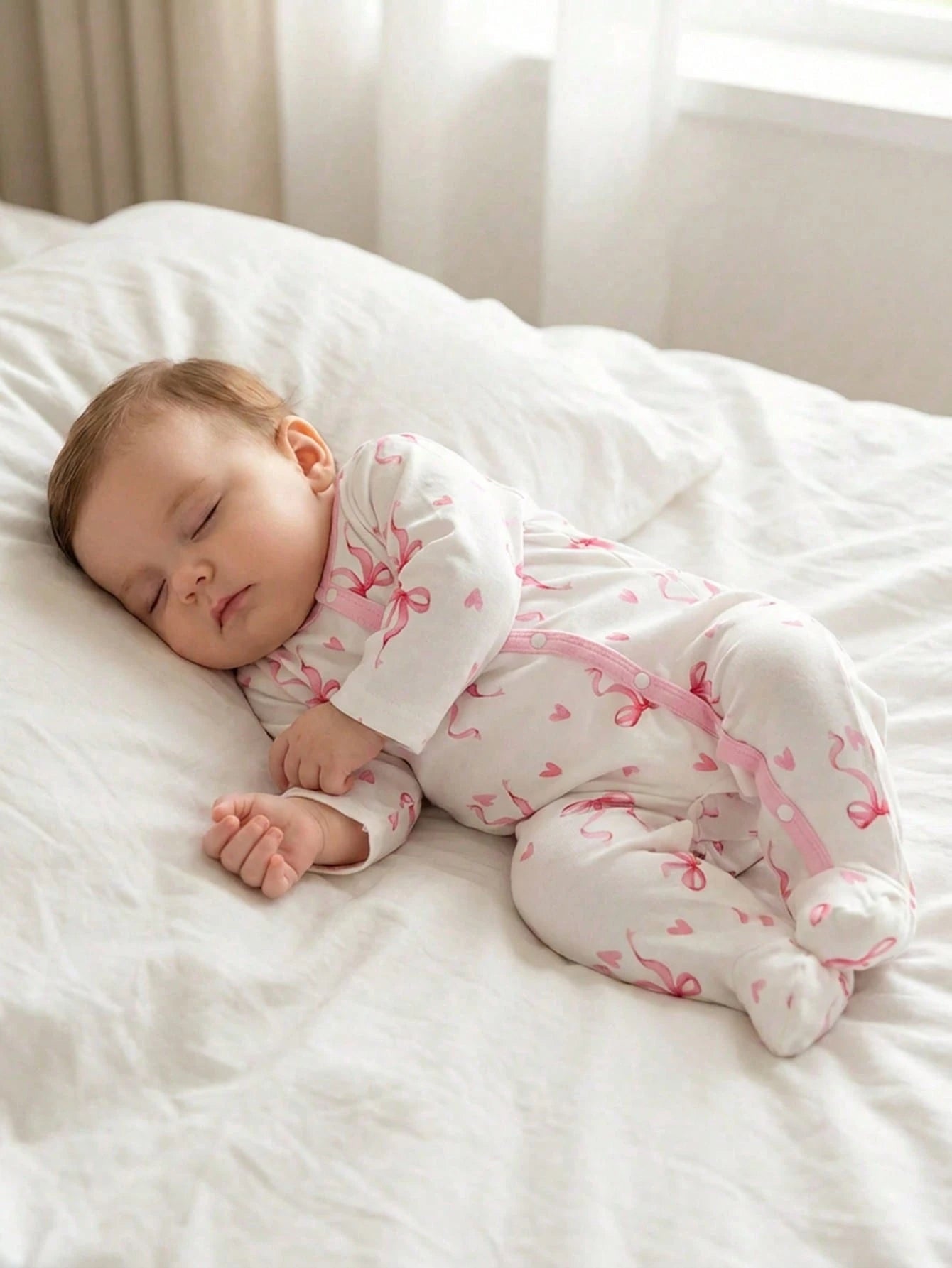 Vintaside Kids Newborn Baby Girl Cute Bow Print Knitted Footie Jumpsuit Soft Comfortable Crew Neck Long Sleeve Light Pink Autumn Night Outfit Valentine's Day Kawaii