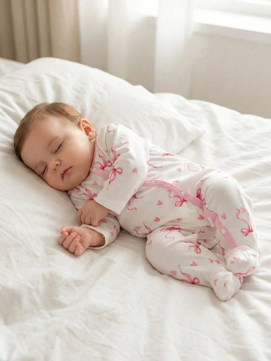 Vintaside Kids Newborn Baby Girl Cute Bow Print Knitted Footie Jumpsuit Soft Comfortable Crew Neck Long Sleeve Light Pink Autumn Night Outfit Valentine's Day Kawaii