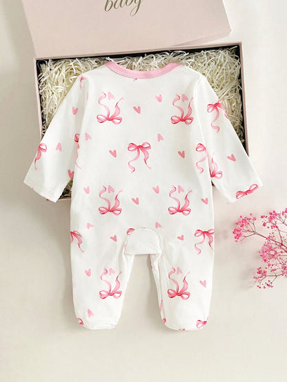 Vintaside Kids Newborn Baby Girl Cute Bow Print Knitted Footie Jumpsuit Soft Comfortable Crew Neck Long Sleeve Light Pink Autumn Night Outfit Valentine's Day Kawaii