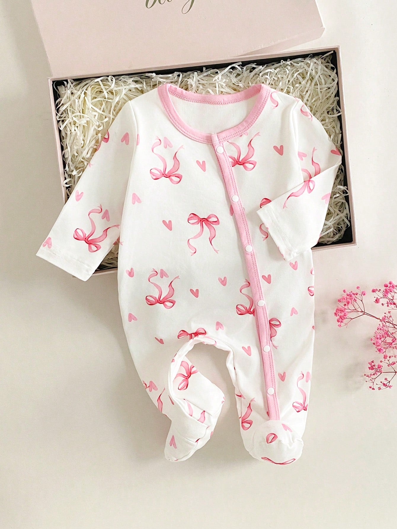 Vintaside Kids Newborn Baby Girl Cute Bow Print Knitted Footie Jumpsuit Soft Comfortable Crew Neck Long Sleeve Light Pink Autumn Night Outfit Valentine's Day Kawaii