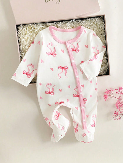 Vintaside Kids Newborn Baby Girl Cute Bow Print Knitted Footie Jumpsuit Soft Comfortable Crew Neck Long Sleeve Light Pink Autumn Night Outfit Valentine's Day Kawaii