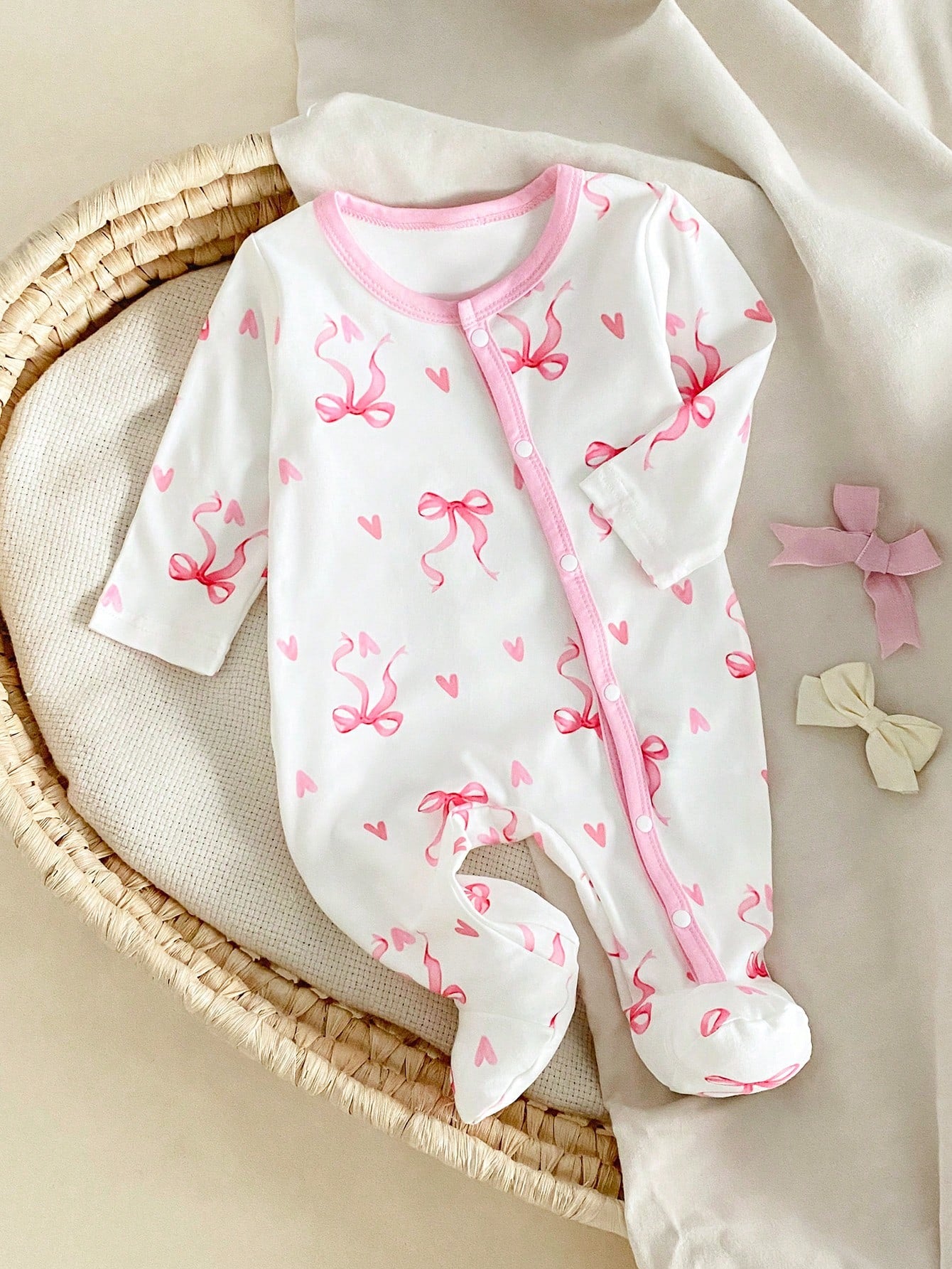 Vintaside Kids Newborn Baby Girl Cute Bow Print Knitted Footie Jumpsuit Soft Comfortable Crew Neck Long Sleeve Light Pink Autumn Night Outfit Valentine's Day Kawaii