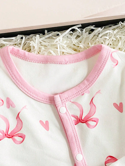 Vintaside Kids Newborn Baby Girl Cute Bow Print Knitted Footie Jumpsuit Soft Comfortable Crew Neck Long Sleeve Light Pink Autumn Night Outfit Valentine's Day Kawaii