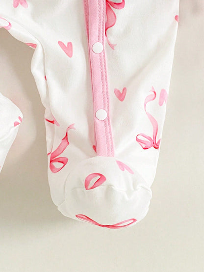 Vintaside Kids Newborn Baby Girl Cute Bow Print Knitted Footie Jumpsuit Soft Comfortable Crew Neck Long Sleeve Light Pink Autumn Night Outfit Valentine's Day Kawaii