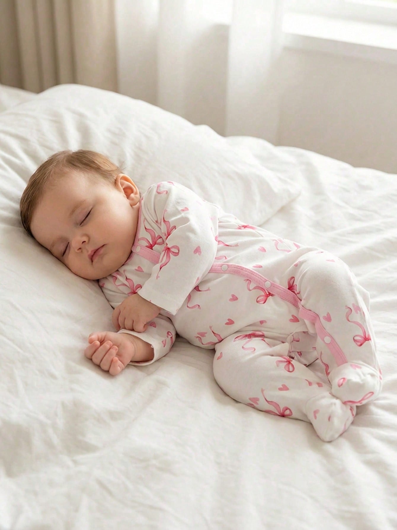 Vintaside Kids Newborn Baby Girl Cute Bow Print Knitted Footie Jumpsuit Soft Comfortable Crew Neck Long Sleeve Light Pink Autumn Night Outfit Valentine's Day Kawaii