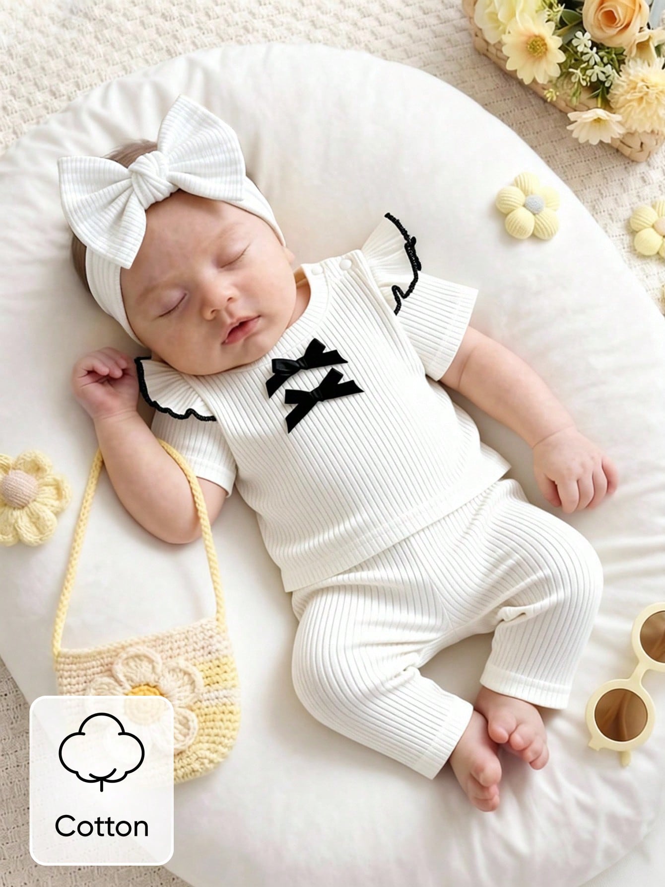 Vintaside Kids Newborn Baby Girls Elegant Vintage Cotton Rib Texture Contrast Color Bow Decor Ruffle Hem Round Neck Short Sleeve White Top And Matching White Pants, Suitable For Everyday Wear, S