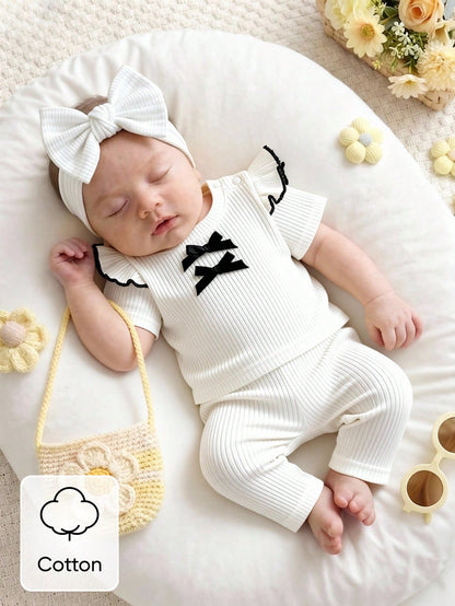 Vintaside Kids Newborn Baby Girls Elegant Vintage Cotton Rib Texture Contrast Color Bow Decor Ruffle Hem Round Neck Short Sleeve White Top And Matching White Pants, Suitable For Everyday Wear, S