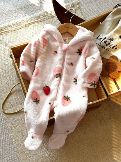 Vintaside Kids Newborn Simple Stylish Cute Pink Long Sleeve Hooded Fleece Jumpsuit Loungewear Autumn Cute Kawaii