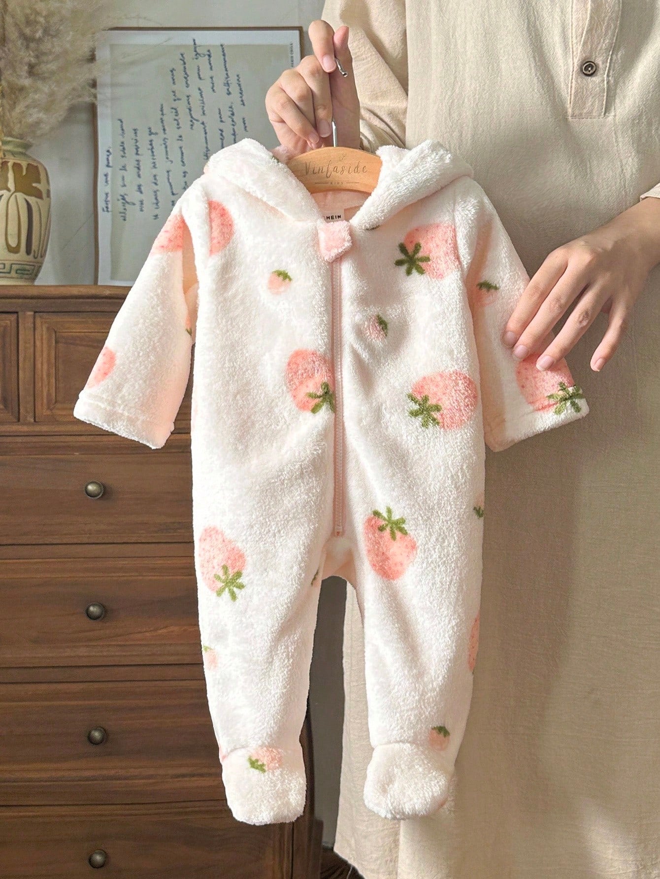 Vintaside Kids Newborn Simple Stylish Cute Pink Long Sleeve Hooded Fleece Jumpsuit Loungewear Autumn Cute Kawaii