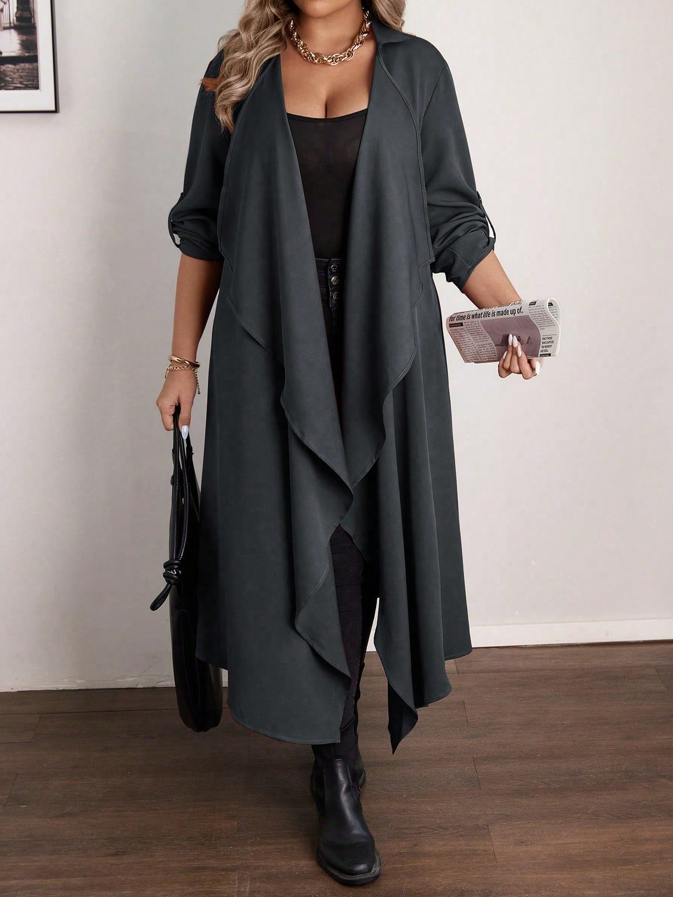 Vionelle Plus Size Elegant Grey Autumn Office Formal Waterfall Collar Long Jacket, Women Asymmetrical Cardigan, Ladies Sleeve Fall Dressy Outerwear